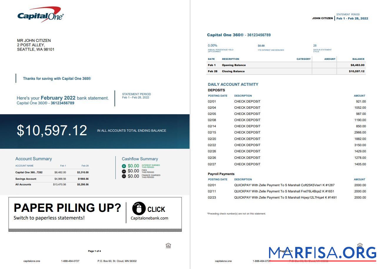 Printable USA Capital One bank statement word 4 pages download for verification
